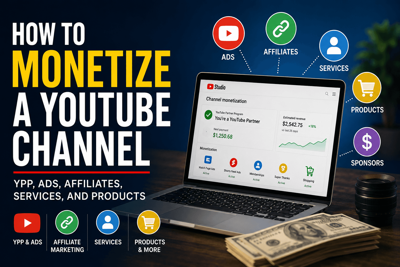 How to Monetize a YouTube Channel: YPP, Ads, Affiliates, Services, and Products